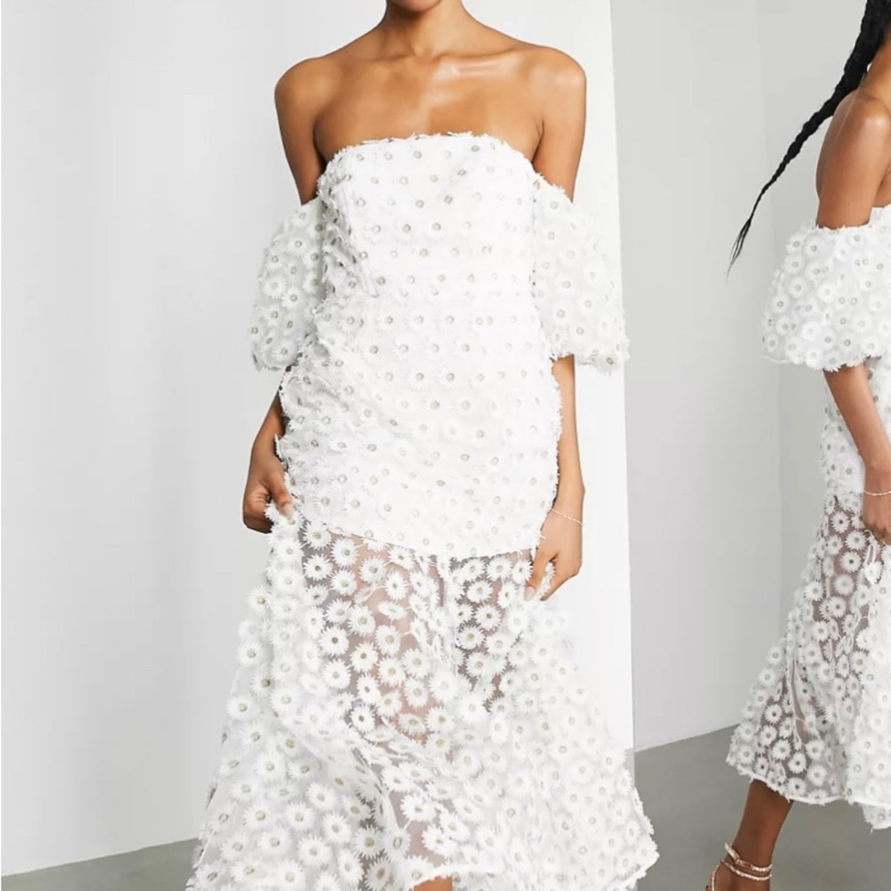 ASOS EDITION off shoulder dress in embroidered daisy in white - US 2